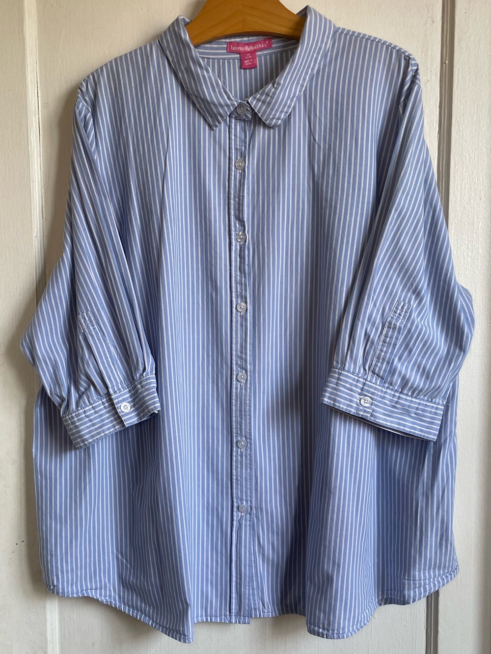 Woman Within 2X Blue White Stripe Cotton Tunic Shirt 3/4 Sleeve Button Down